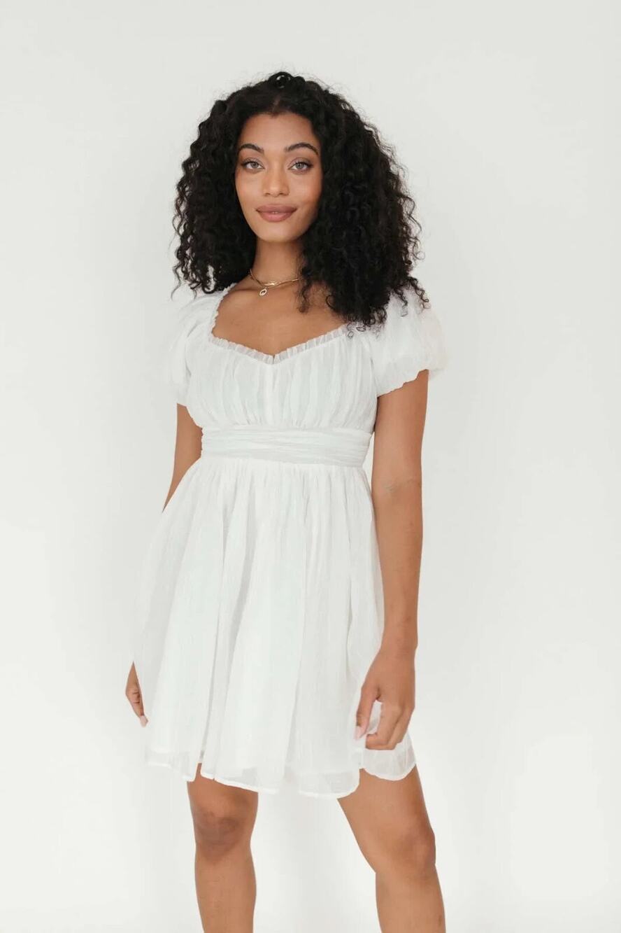 The Post Riley Puff Sleeve Sweetheart Babydoll Mini Dress Ivory Womens Large